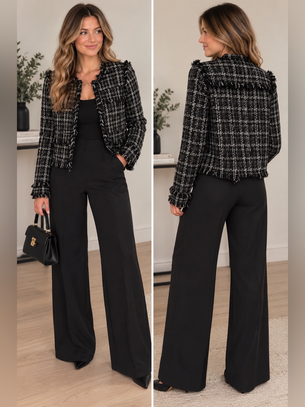 BCBGMAXAZRIA NWT Black & White Tweed Fringe Jacket Size 4 w/ Sparkly thread
